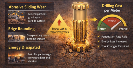 DTH bit wear mechanism diagram showing impact of abrasive rock on drilling efficiency